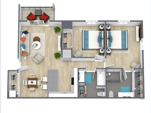 A top down view of a house interior with a living room, dining room, kitchen, and bathroom.